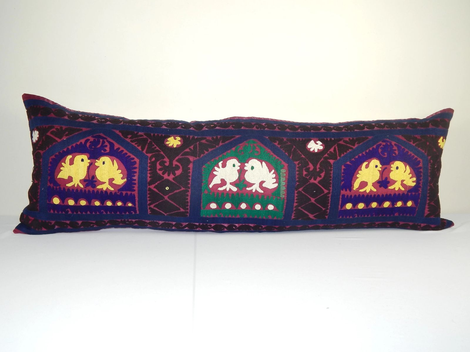Animal Motif Suzani Pillow, Bedding Ethnic Cushion Cover, Vintage Embroidered Textile From Bukhara, Purple Cushion