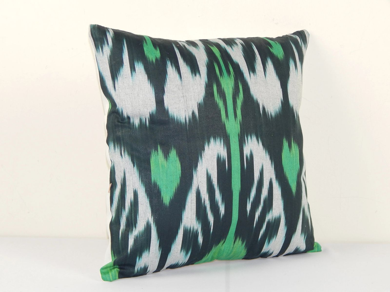 Uzbekistan Ikat Square Pillow Cover Cushion, Square Green Handmade Decorative Couch Pillowcase photo for sale