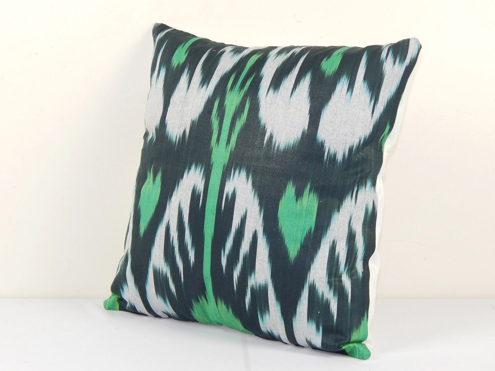 Uzbekistan Ikat Square Pillow Cover Cushion, Square Green Handmade Decorative Couch Pillowcase photo Textiles