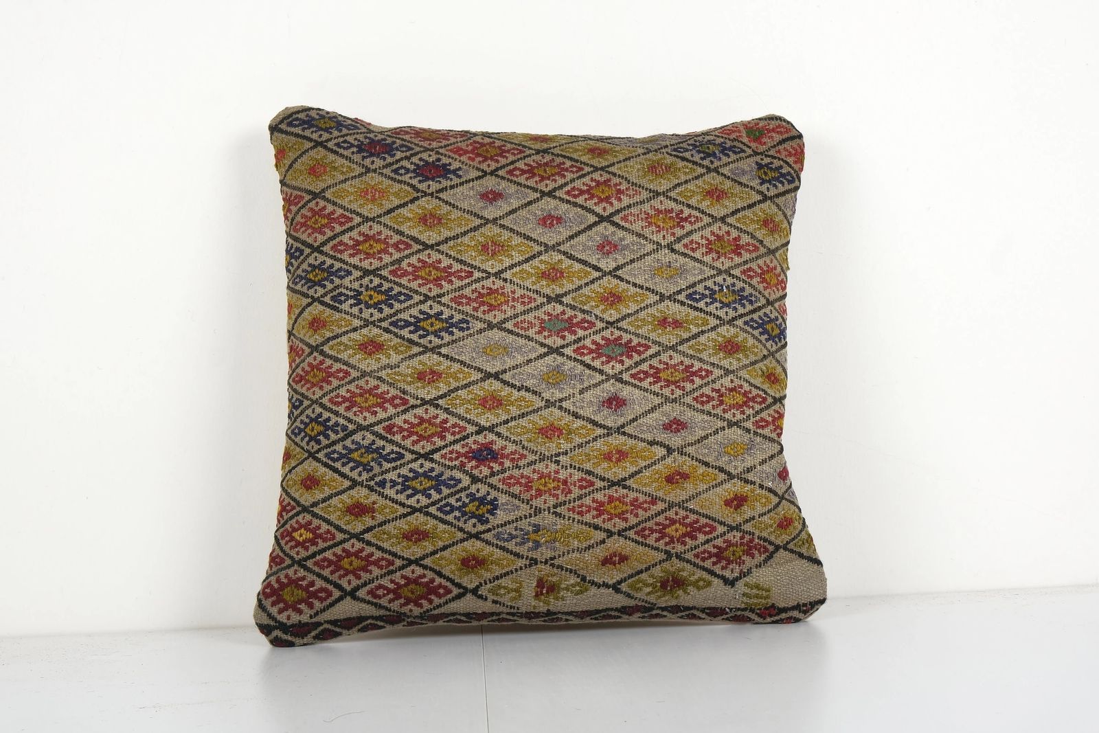 Handmade Turkish Cicim Pillow Cover, Brown Square Kilim Pillow Cover