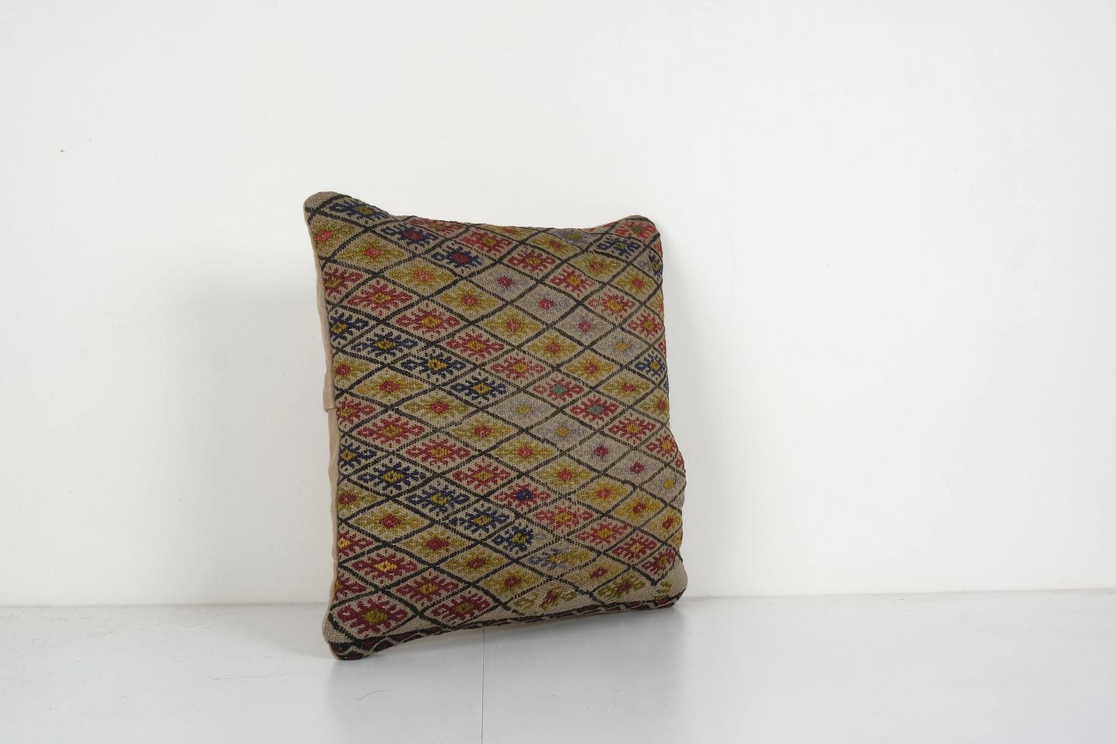 Handmade Turkish Cicim Pillow Cover, Brown Square Kilim Pillow Cover photo for sale