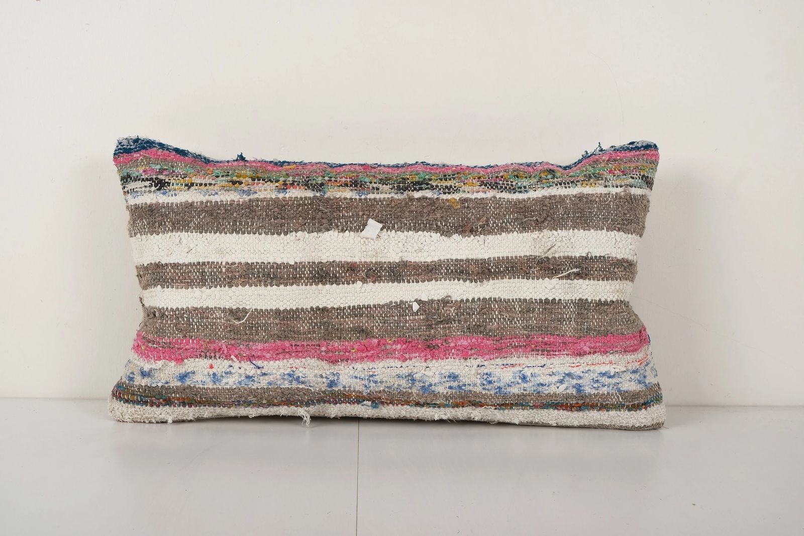 Traditional Turkish Decorative Kilim Pillow, Anatolian Striped Cotton Lumbar Kilim Pillow Cover