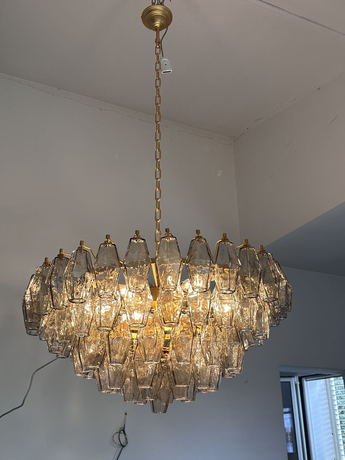 Contemporary Styled After Venini Smoked Fumè “Poliedri” Murano Glass Gold Chandelier photo furniture
