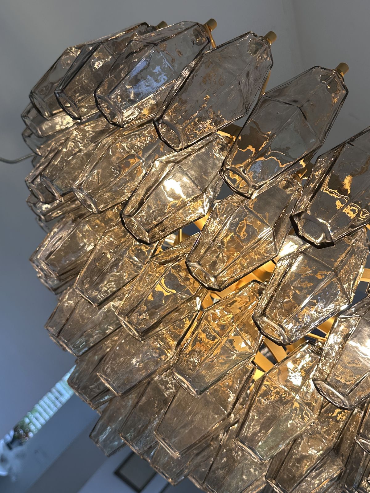 Contemporary Styled After Venini Smoked Fumè “Poliedri” Murano Glass Gold Chandelier photo Lighting