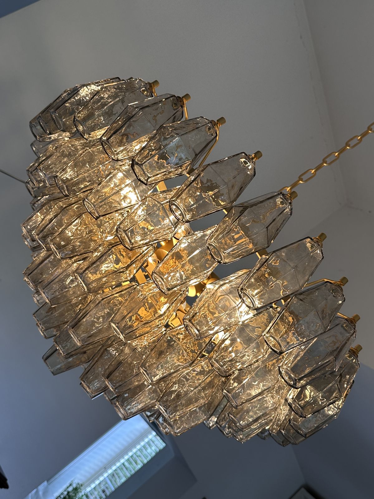 Contemporary Styled After Venini Smoked Fumè “Poliedri” Murano Glass Gold Chandelier photo vintage