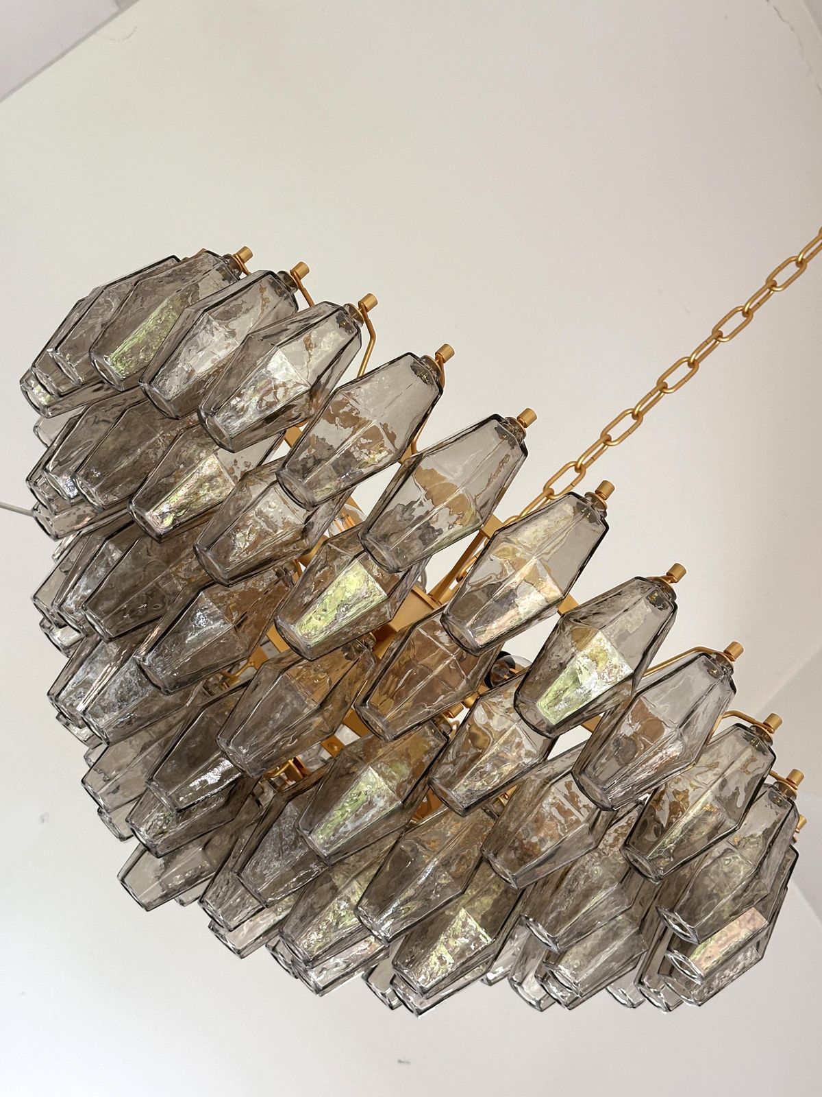 7453.0 Contemporary Styled After Venini Smoked Fumè “Poliedri” Murano Glass Gold Chandelier photo