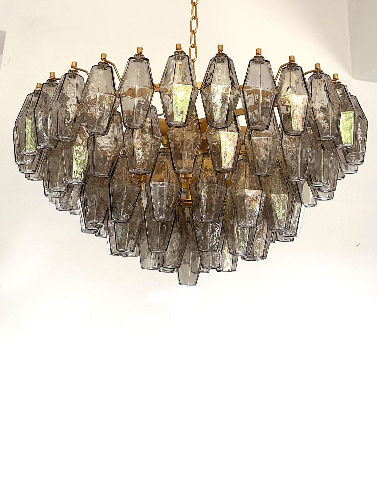 photo vinterior Contemporary Styled After Venini Smoked Fumè “Poliedri” Murano Glass Gold Chandelier