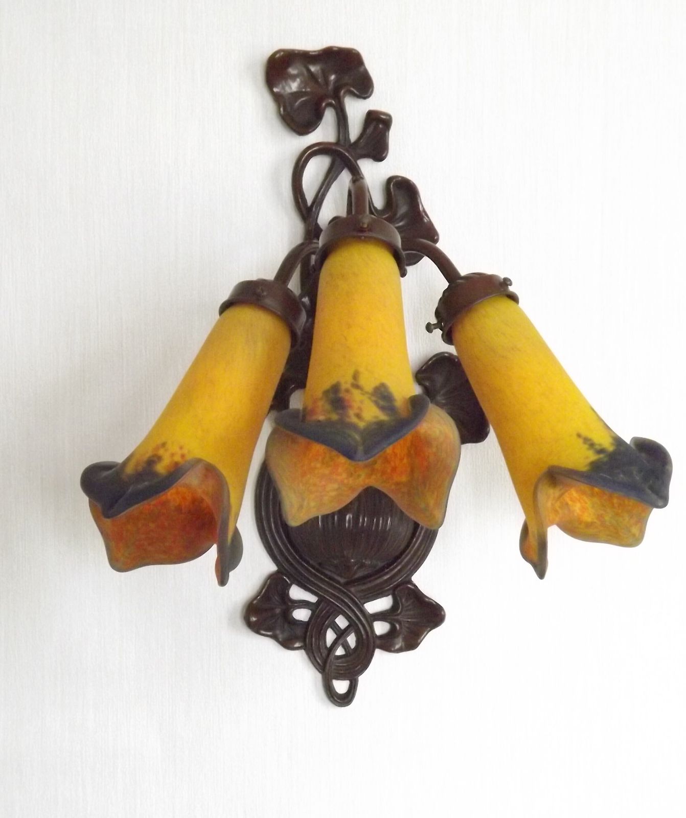 French Art Nouveau Style Large 3 Light Wall Sconce.  Signed Art De France Lily Shades.