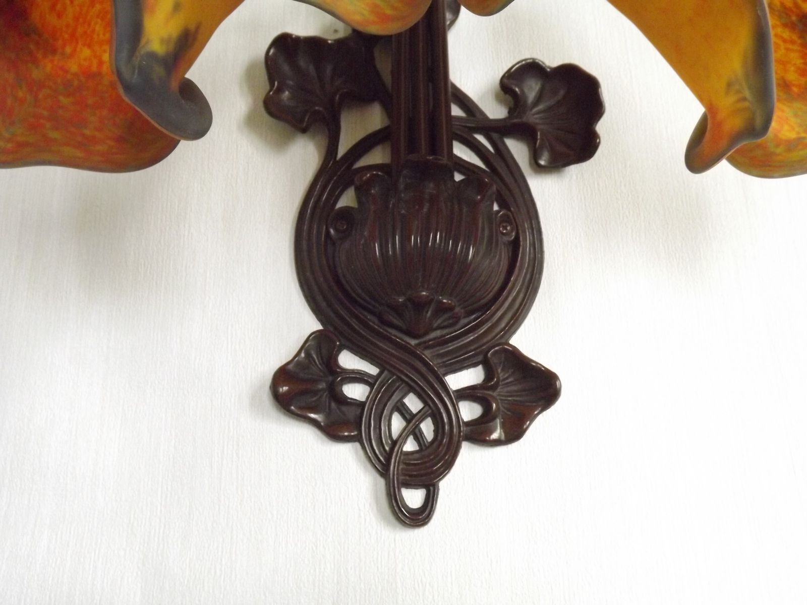photo furniture French Art Nouveau Style Large 3 Light Wall Sconce.  Signed Art De France Lily Shades.