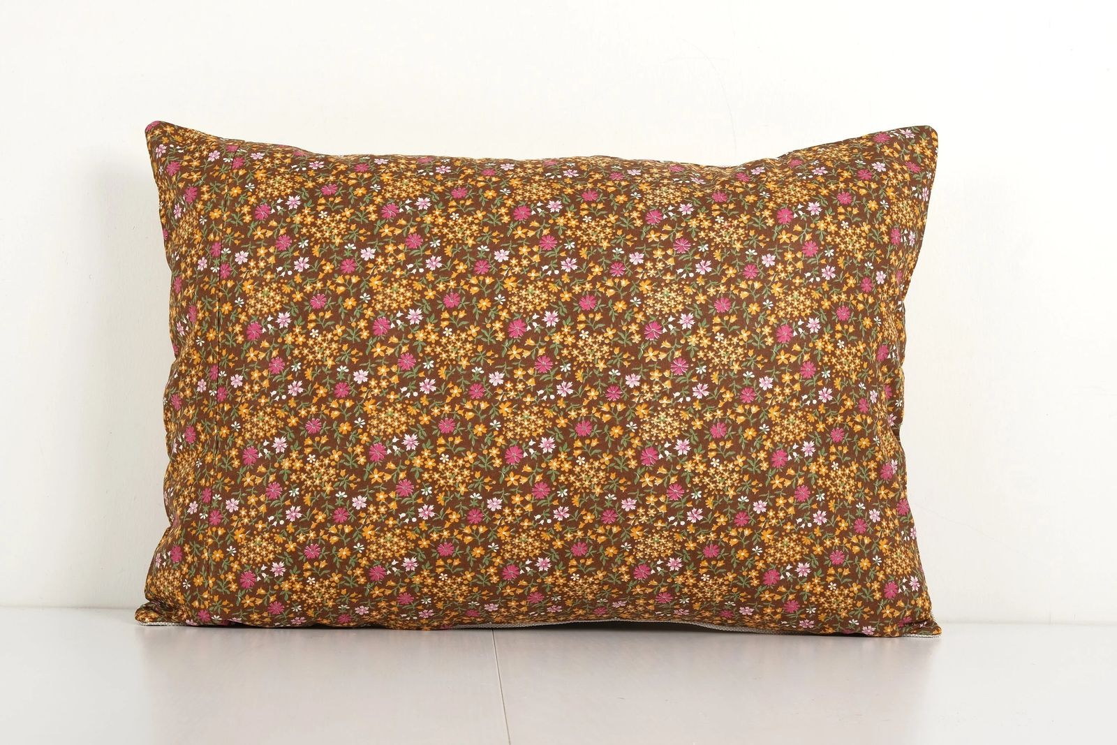 Old Uzbek Trade Cloth Pillow, Vintage Floral Roller Print Bedding Cushion Cover On Cotton