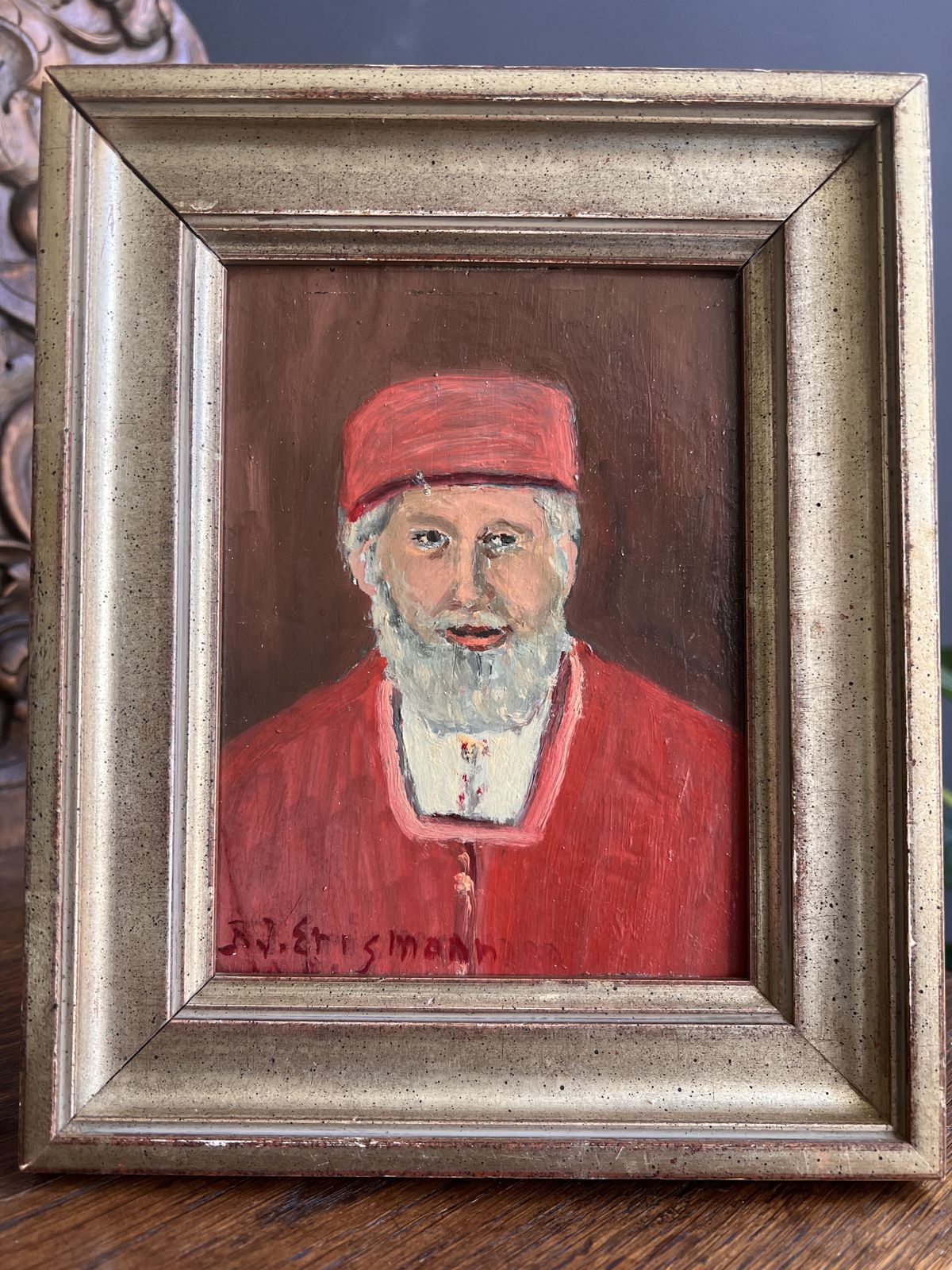 Vintage Swiss Folk Art Painting Clergy Man Portrait By Friedrich Johann Erismann, Signed Original Art, Gift From Switzerland, Swiss Alps photo vintage