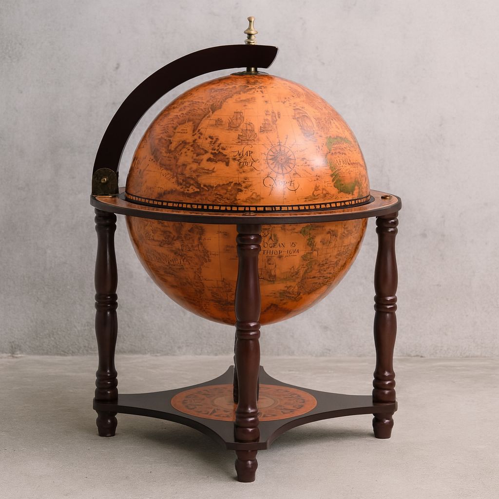 Vintage Wooden Globe Bar Cart – Drinks Trolley With Peace Doves
