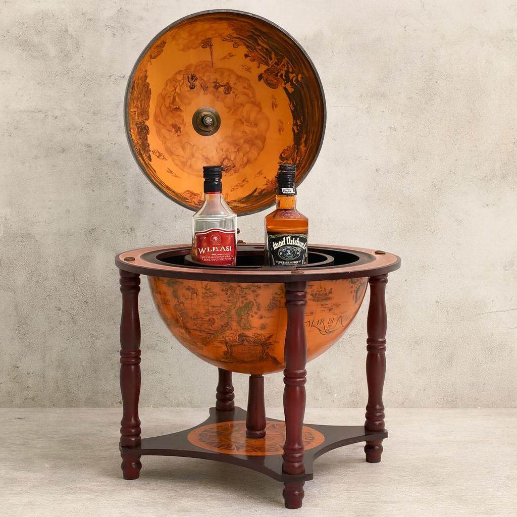 Vintage Wooden Globe Bar Cart – Drinks Trolley With Peace Doves photo furniture