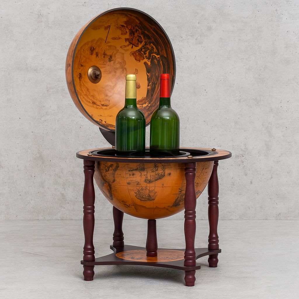 Vintage Wooden Globe Bar Cart – Drinks Trolley With Peace Doves photo for sale