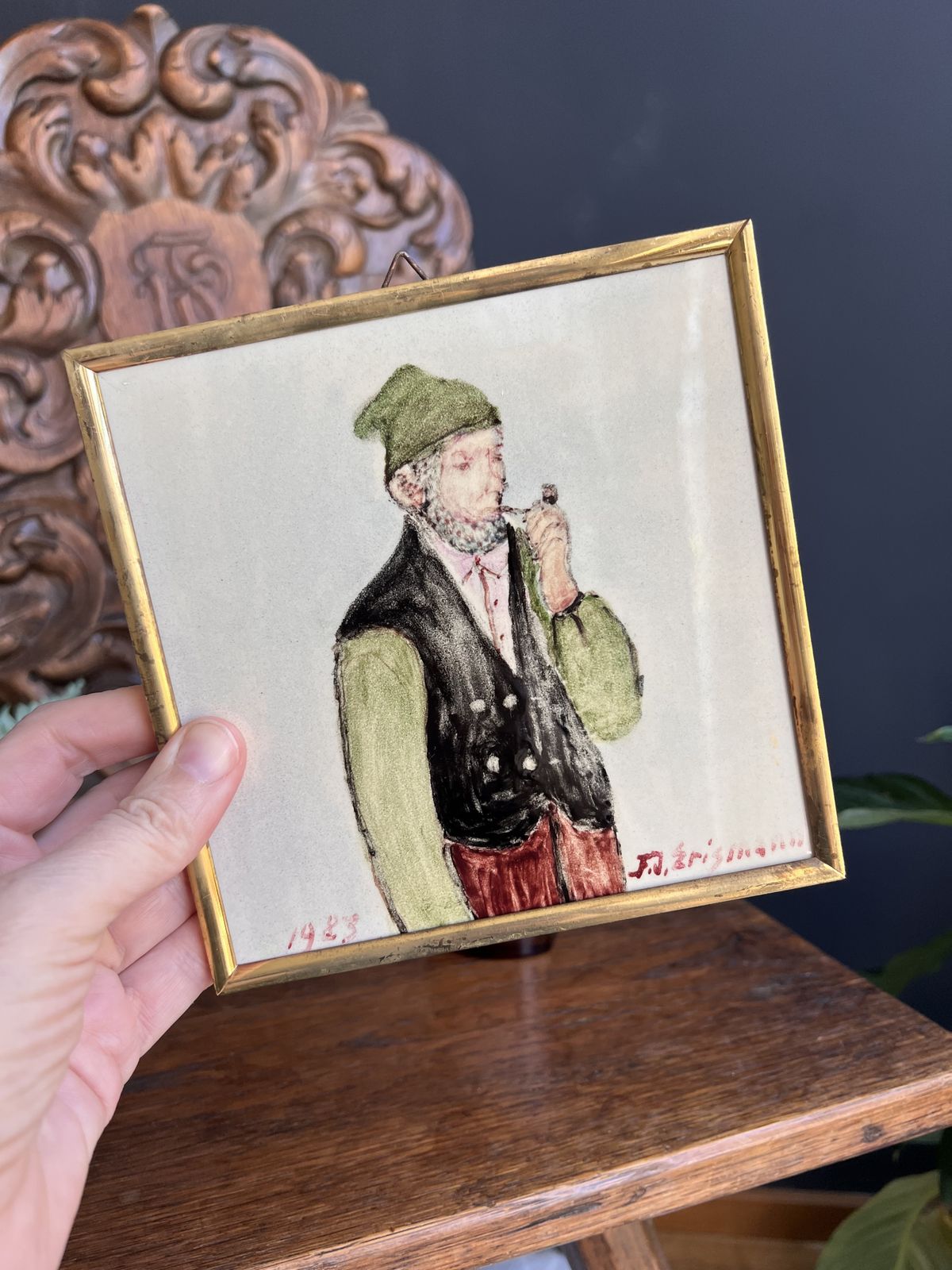Vintage Swiss Folk Art Tile By Friedrich Erismann   1983 Hand Painted Man With Pipe In Traditional Costume photo for sale