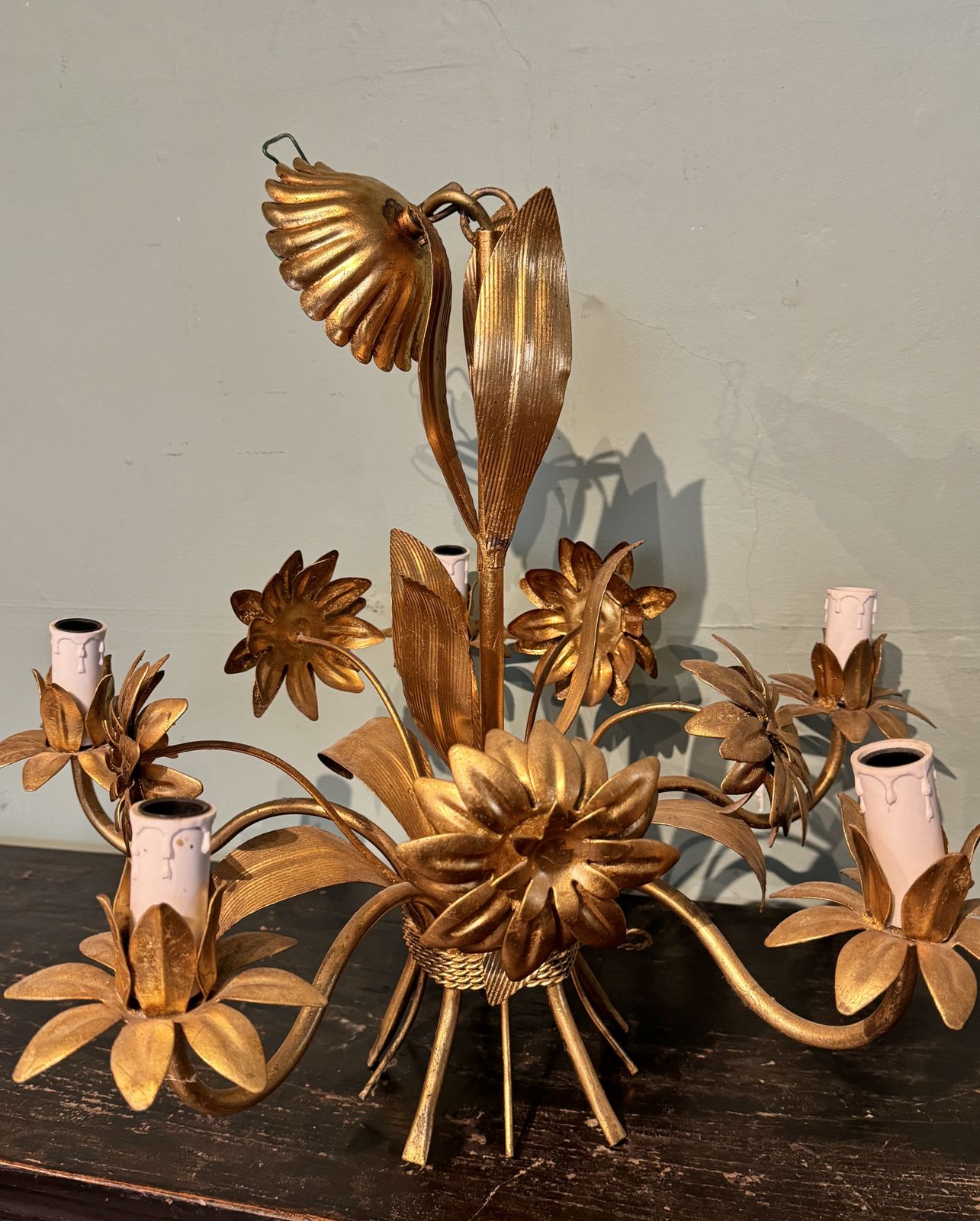 Pair Of Gilt Metal Five Branch Flowerhead Chandeliers photo furniture