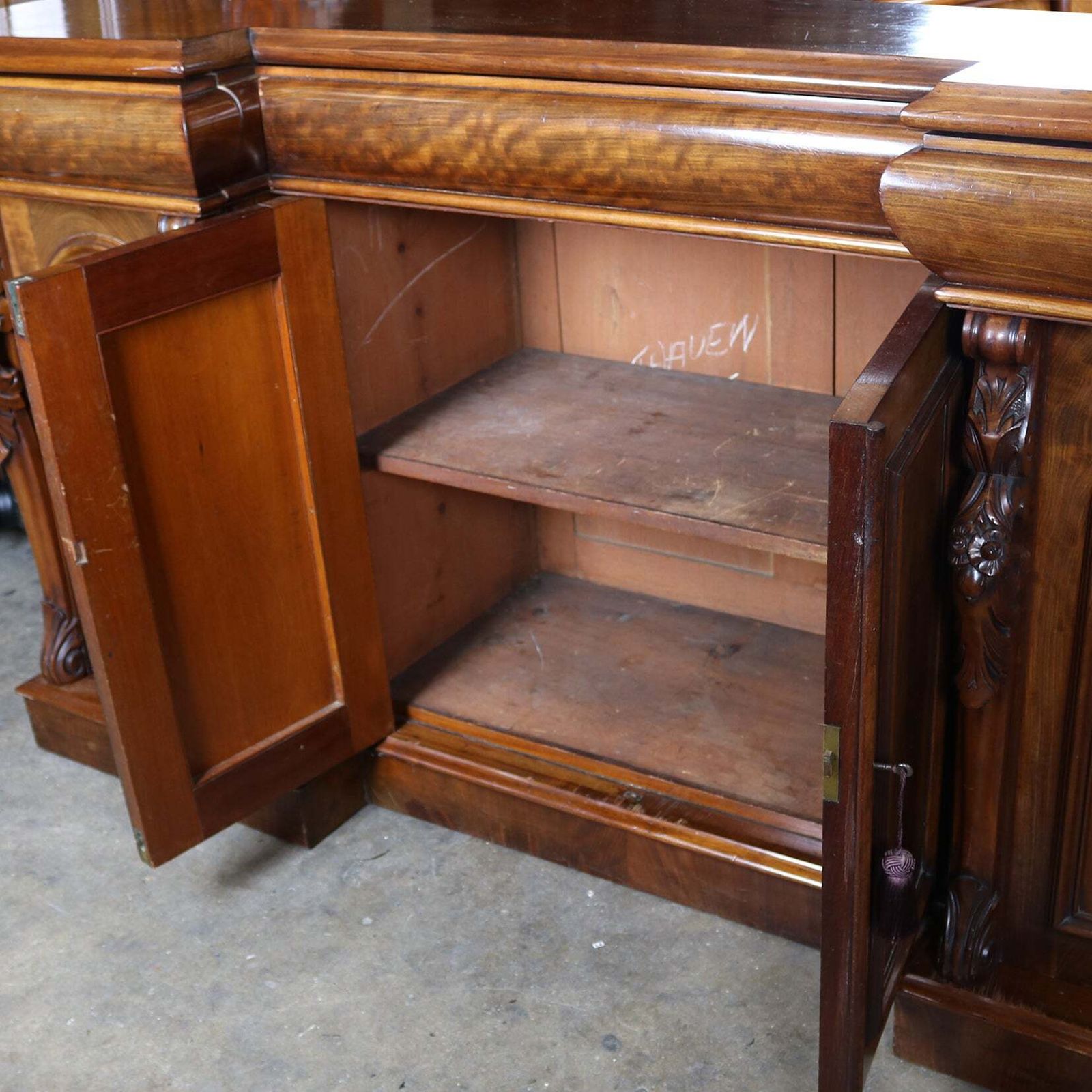 photo for sale Antique Ornate Carved Mahogany Sideboard With Mirror And Secret Drawers
