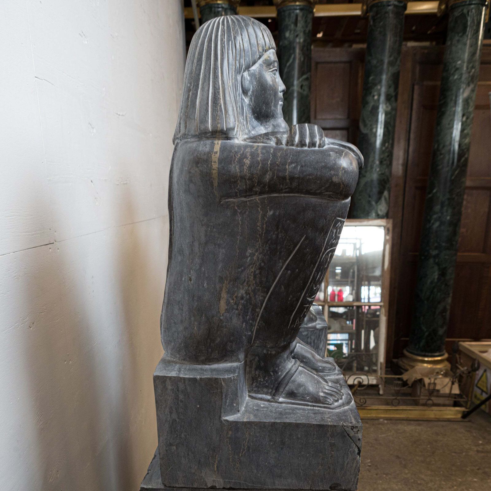Art Pair Of Monumental Egyptian Marble Block Statues With Plinths photo