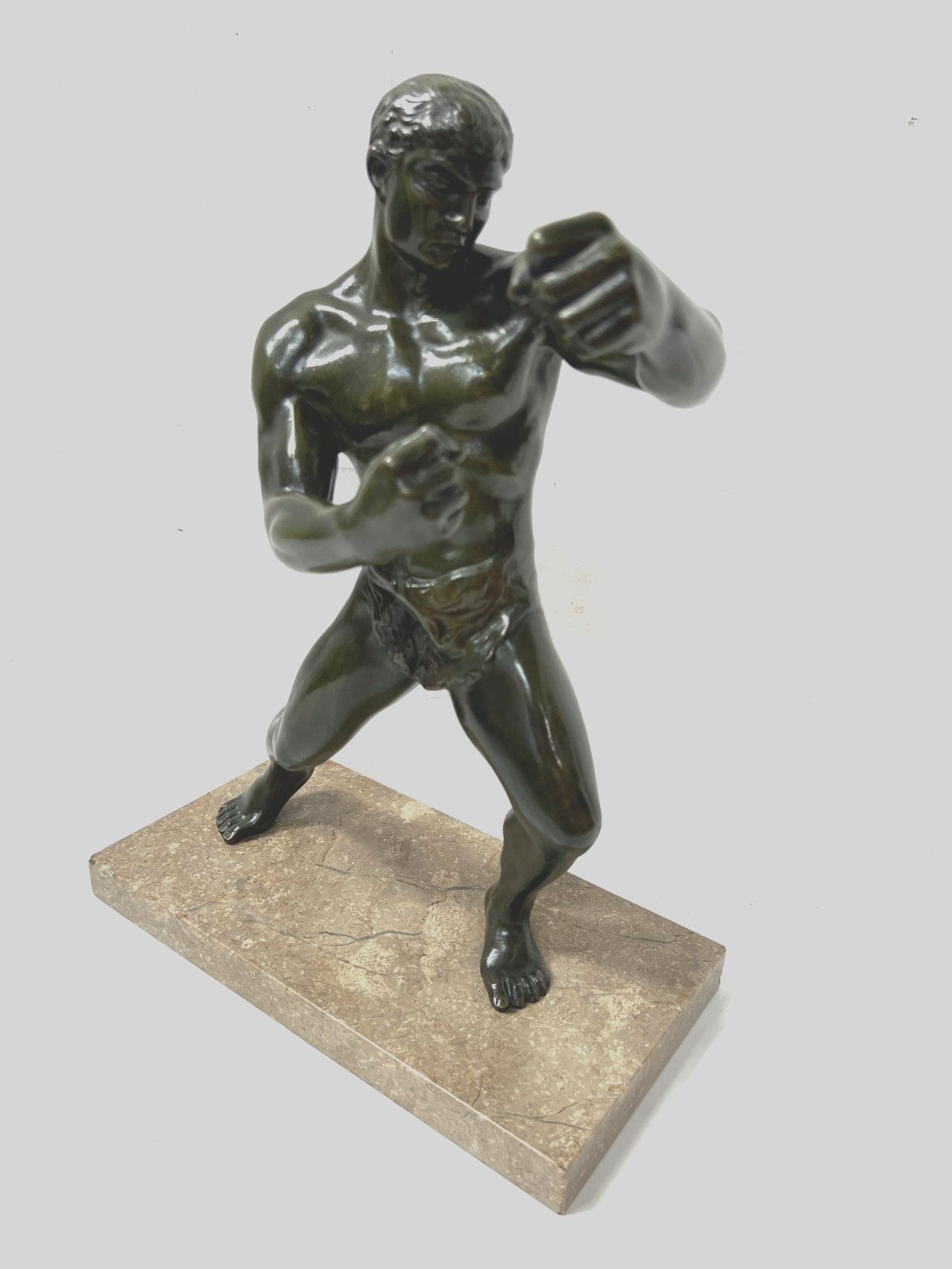 "The Boxer" Bronze Group With Patina Brown Green 20th Century photo vinterior