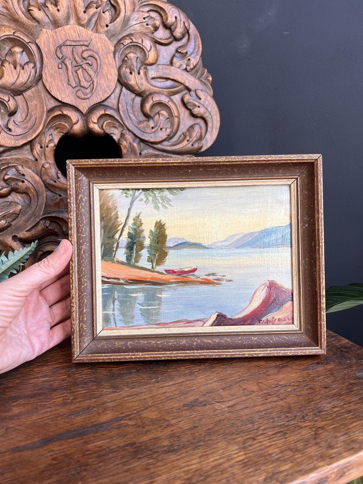 Vintage Painting Lake Scene, Oil On Card Board, Signed Original Art, Gift From Switzerland, Bielersee St Peters Island Switzerland photo for sale
