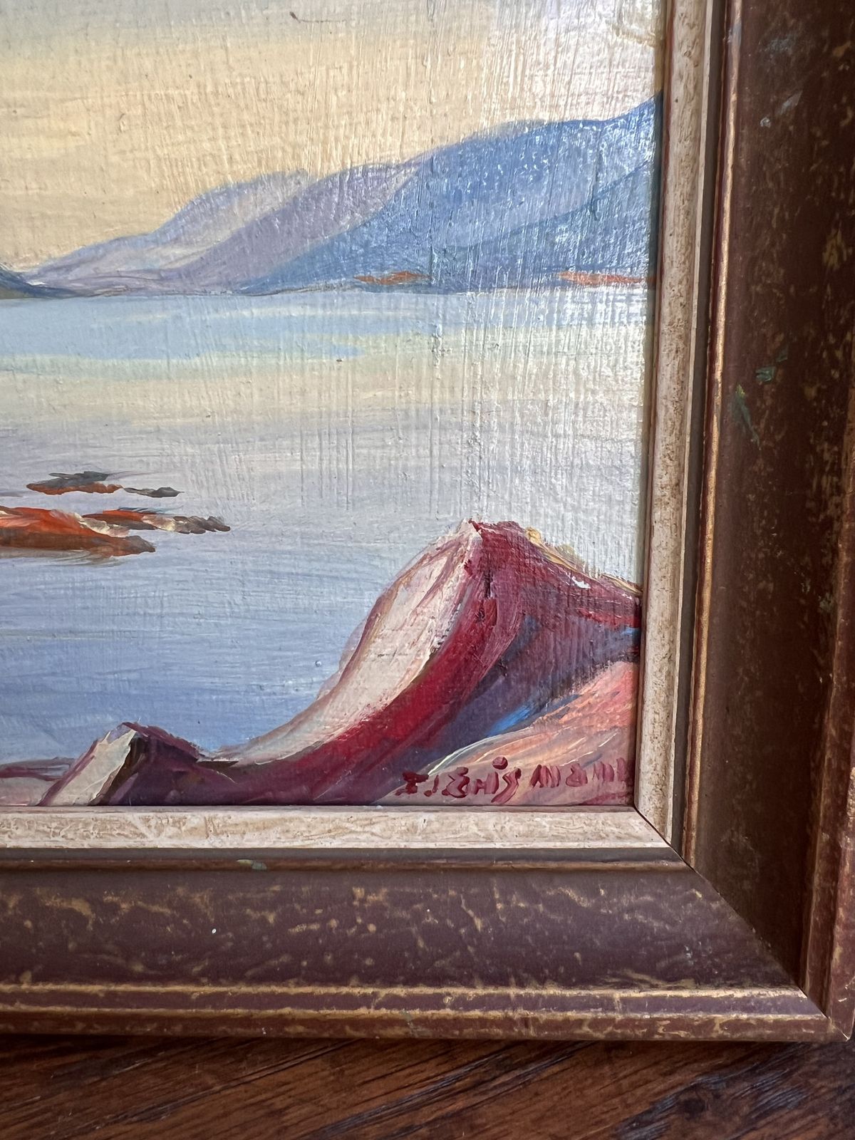 Vintage Painting Lake Scene, Oil On Card Board, Signed Original Art, Gift From Switzerland, Bielersee St Peters Island Switzerland photo 83.0