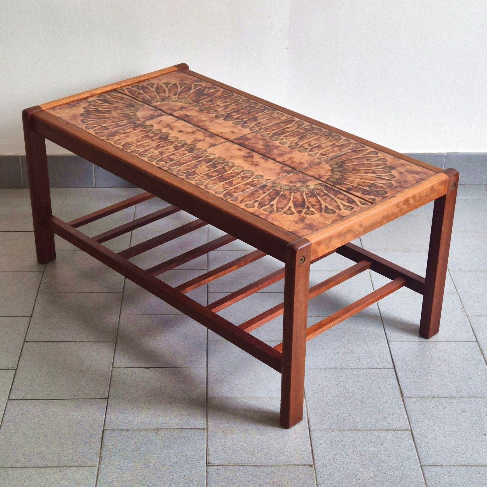 287.0 Vintage 1960 Scandinavian Teak & Ceramic Magazine Rack Coffee Table 60s Retro photo
