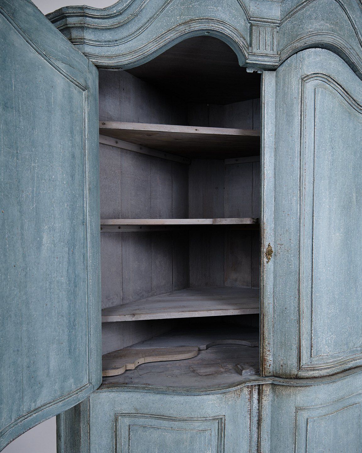 Large Baroque Corner Cabinet   Original Blue Paint & Brass Fittings   Natural Patina   Curved Doors   1780s photo 7950.0