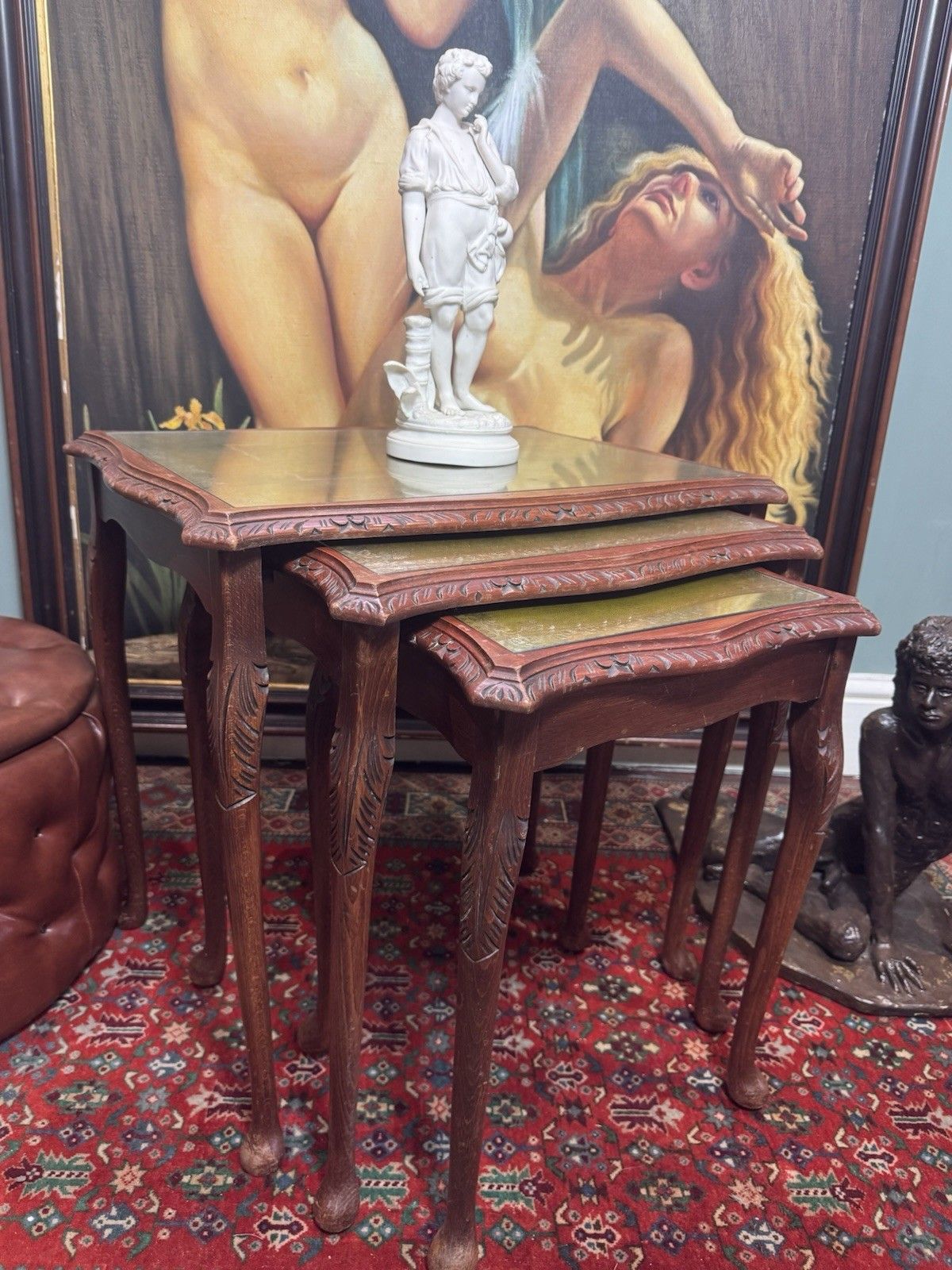 Regency Queen Anne Style Nest Of Three Tables In Rich Mahogany photo for sale