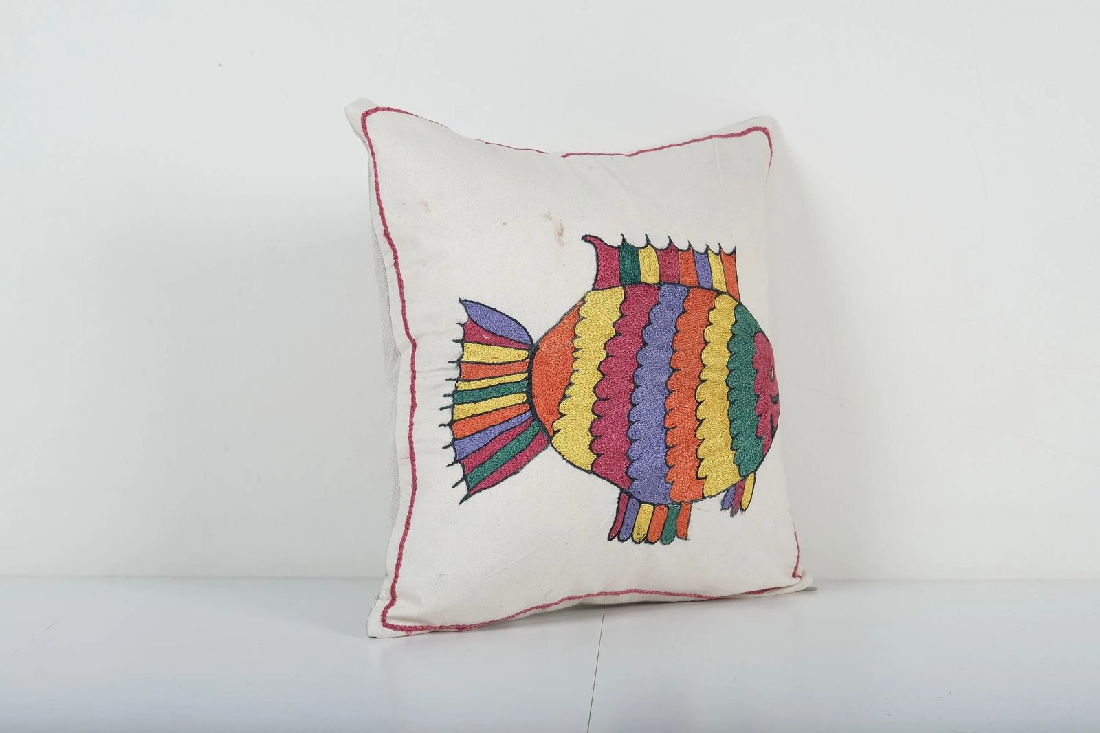 Suzani Pillow Made From A Vintage Uzbek Suzani, Animal Fish Motif Uzbek Pillow Cover photo for sale