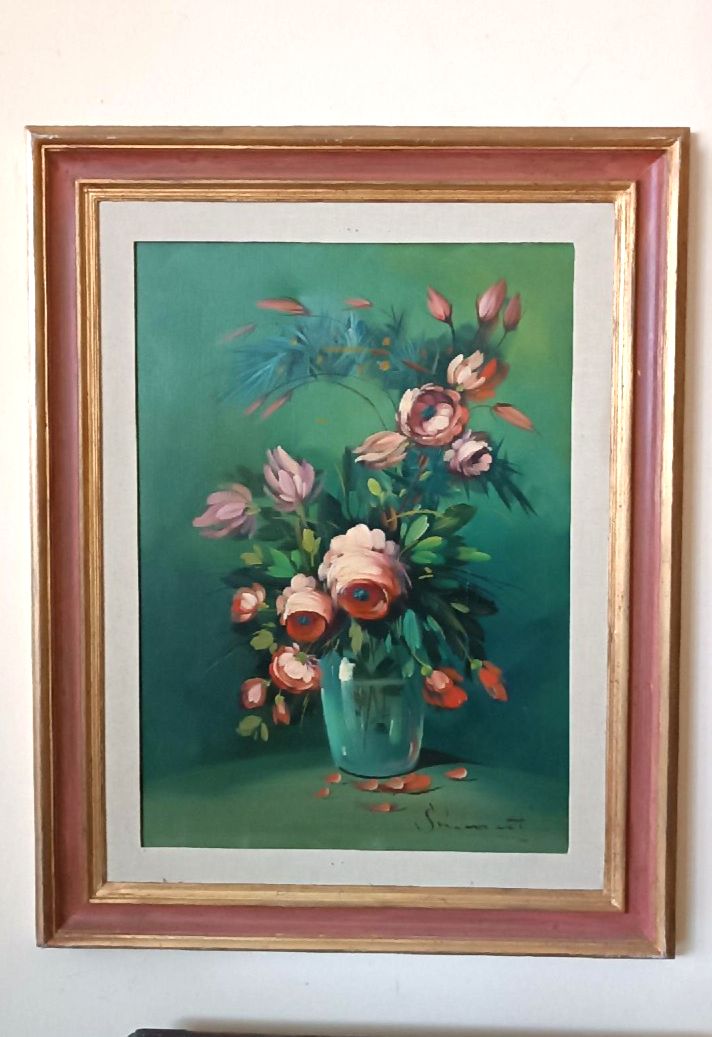 Large Oil Painting On Canvas Signed Flower Vase