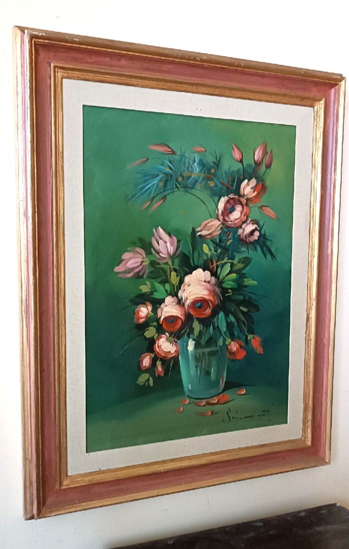 Large Oil Painting On Canvas Signed Flower Vase photo furniture
