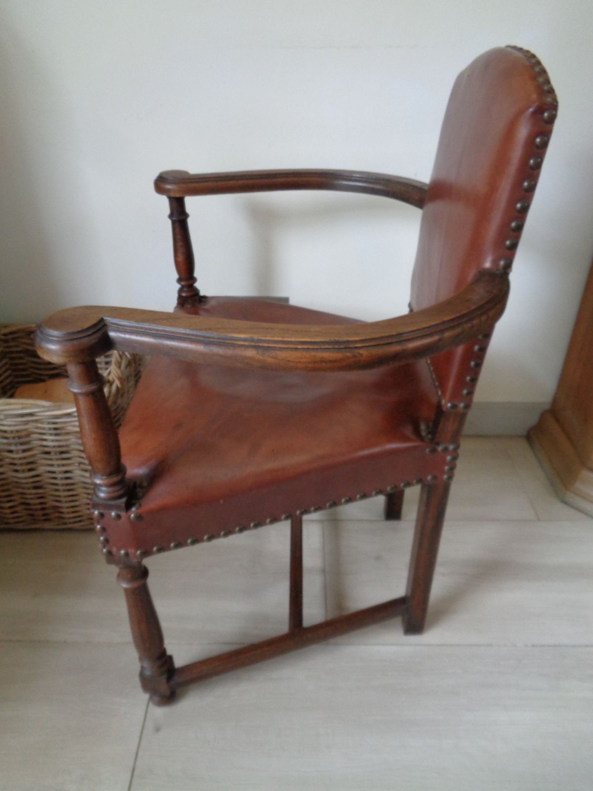 1930's Oak & Brown Leather Armchair photo vintage