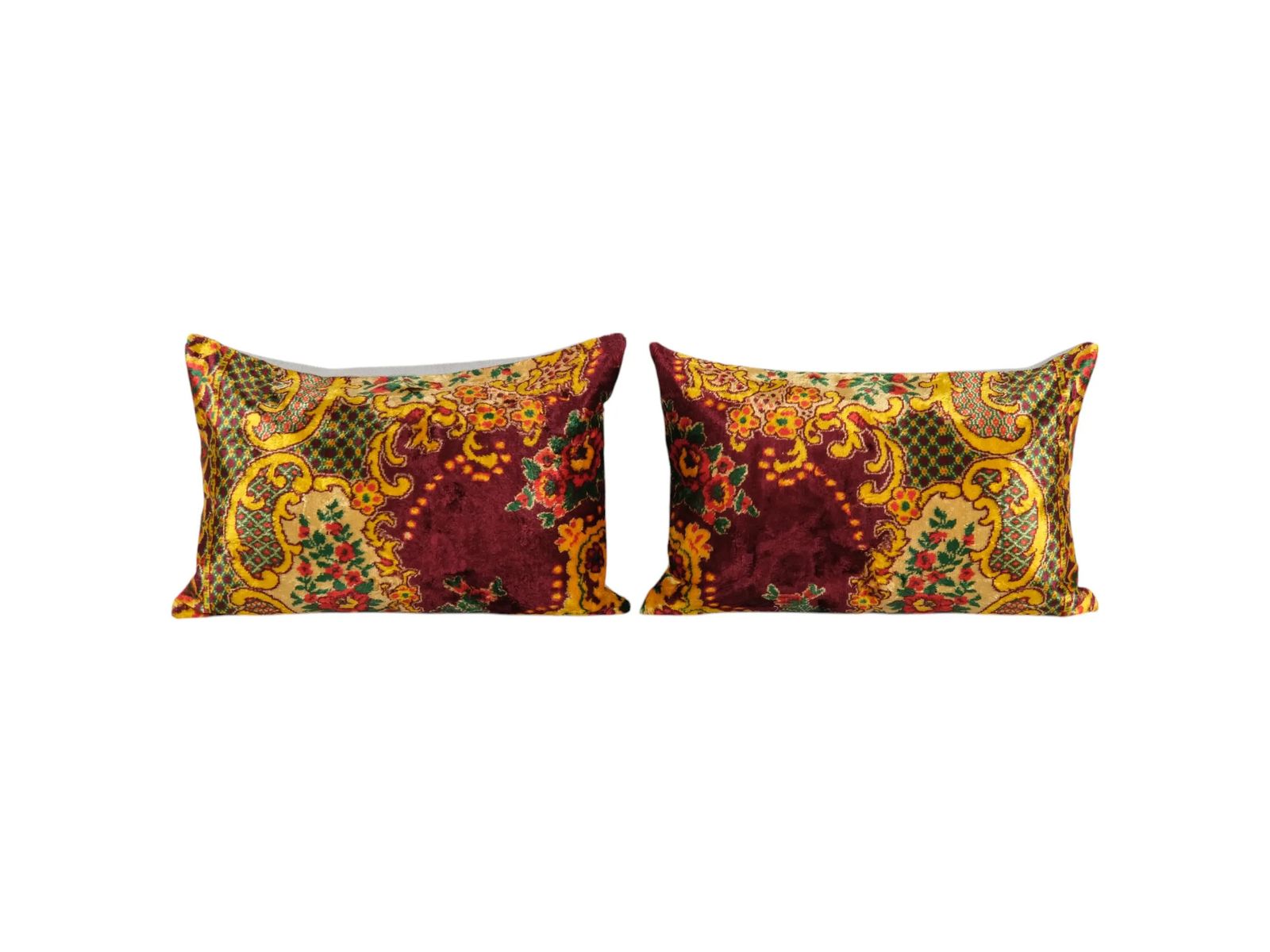 Bohemian Yellow Red Velvet Pillow Cover   Set Of Two Handmade Silk Cushion Cover