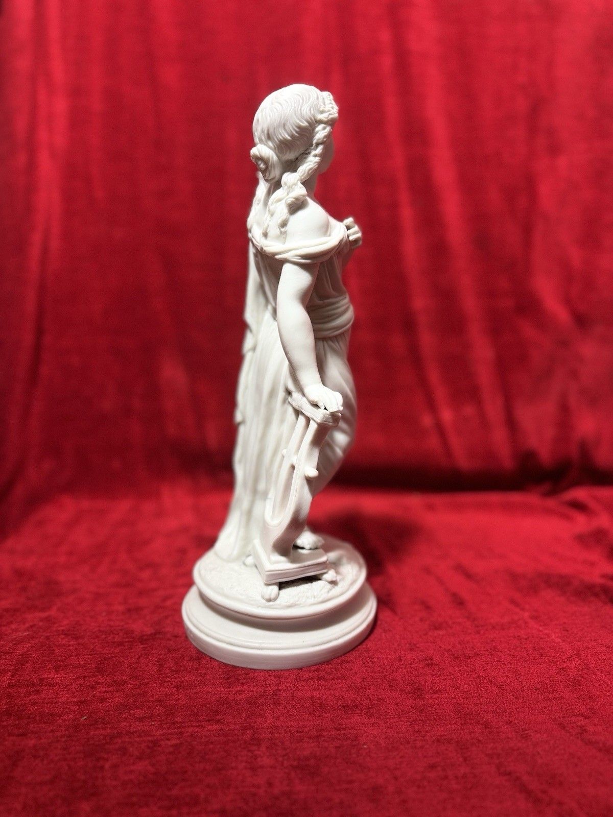 photo for sale Antique Victorian Parian Ware Robed Lady Standing With Lyre Figure Sculpture