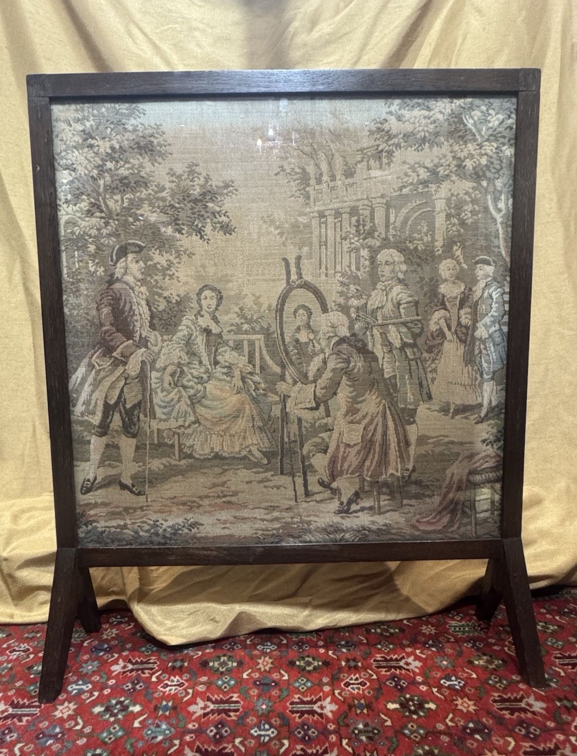 French Silk Tapestry 18c Courtiers In Garden Scene Fire Screen Hardwood Frame
