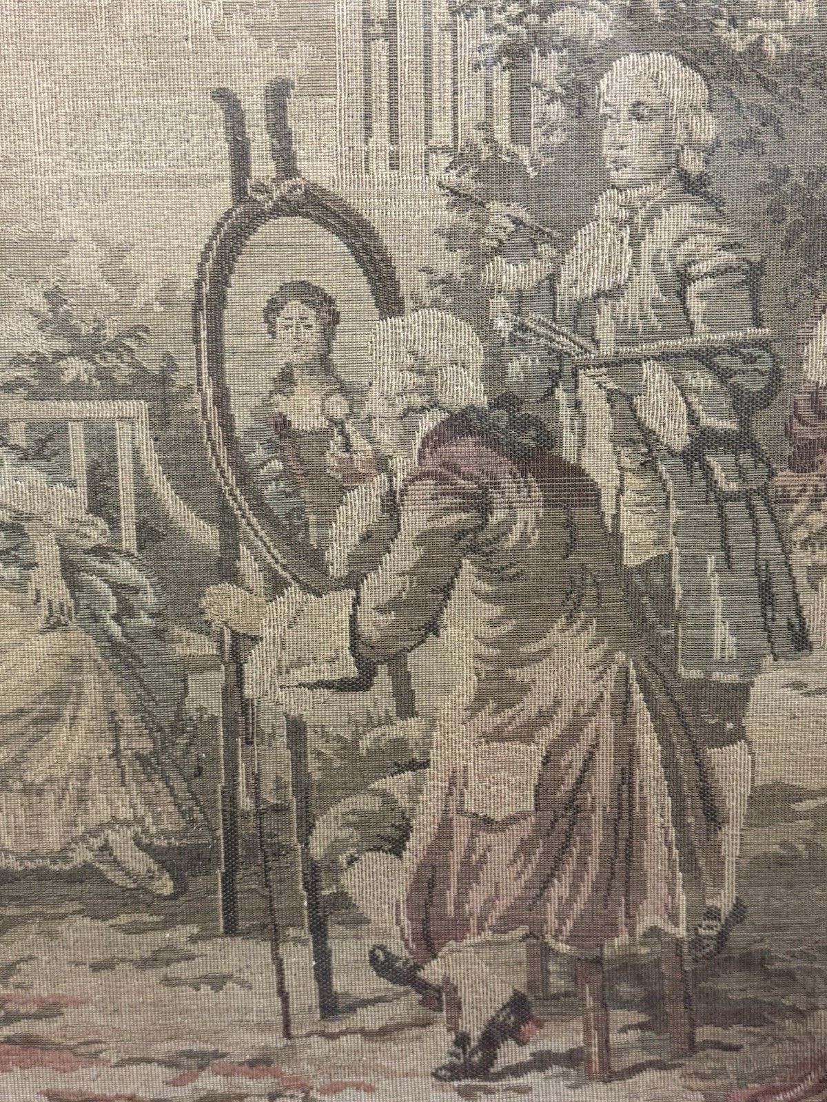 French Silk Tapestry 18c Courtiers In Garden Scene Fire Screen Hardwood Frame photo for sale