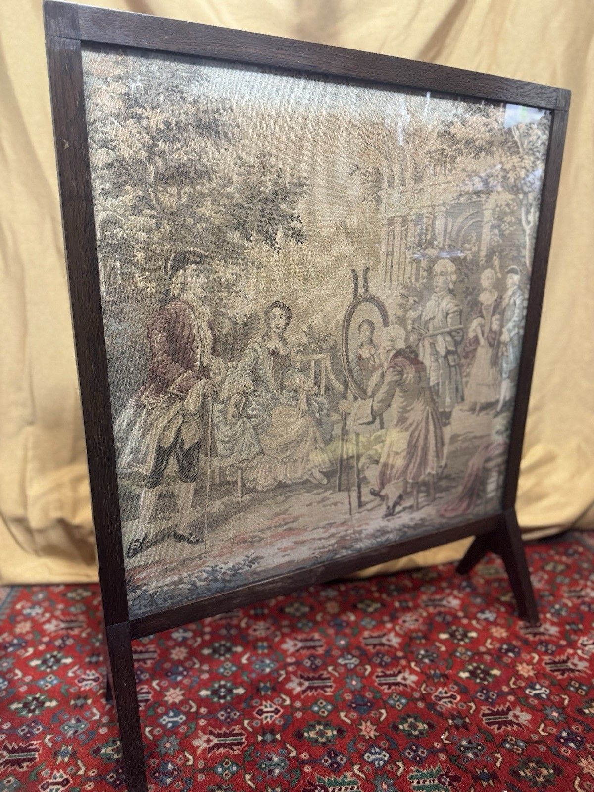 photo for sale French Silk Tapestry 18c Courtiers In Garden Scene Fire Screen Hardwood Frame