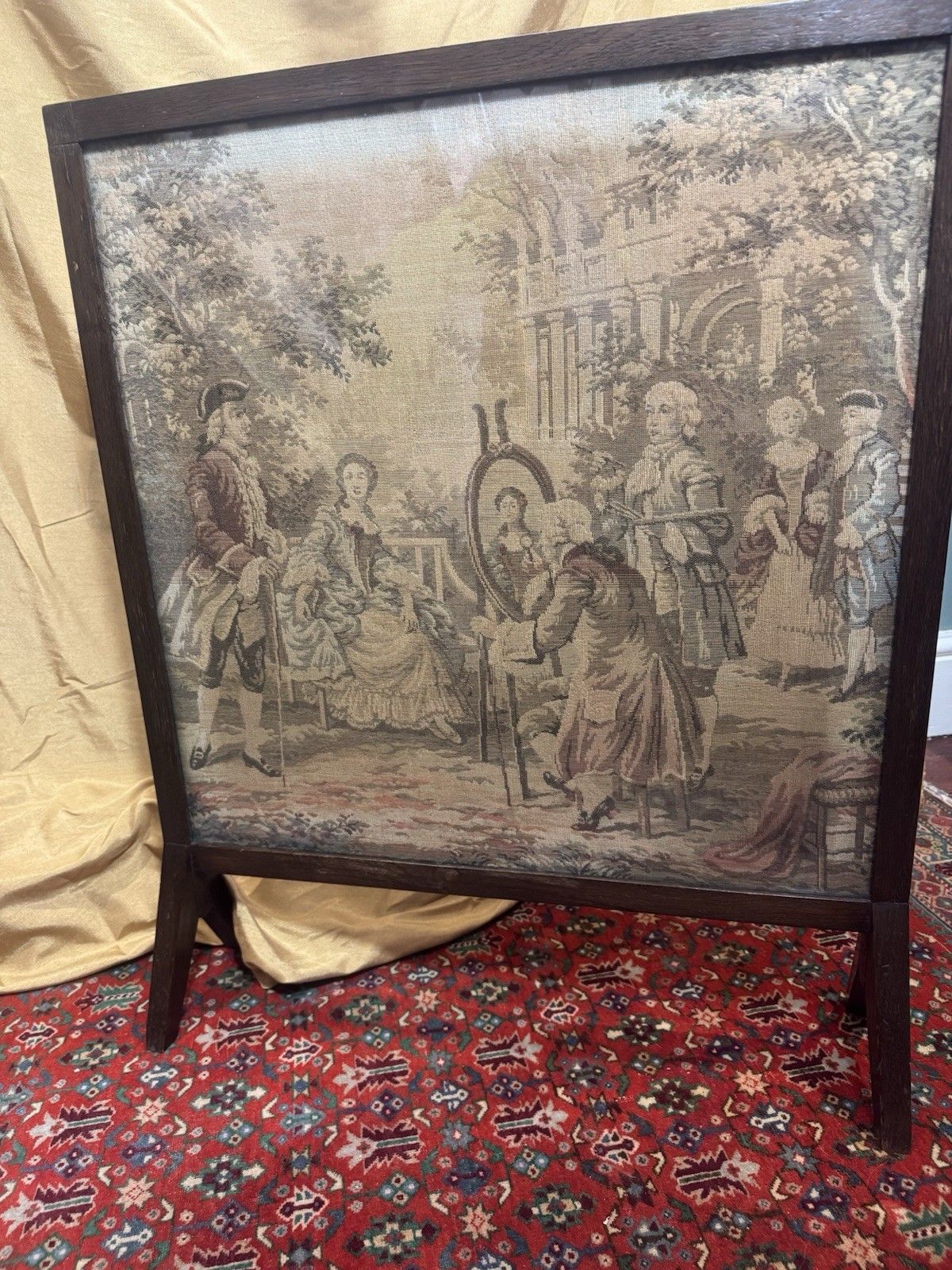 Home Decor French Silk Tapestry 18c Courtiers In Garden Scene Fire Screen Hardwood Frame photo