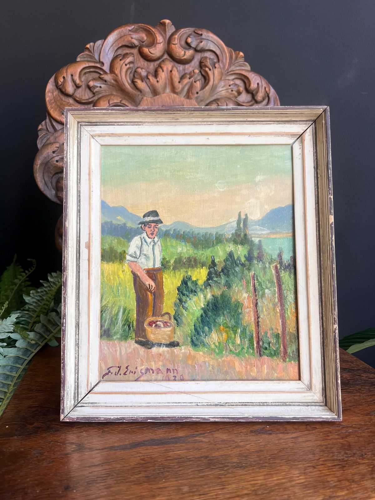 Vintage Swiss Folk Art Oil Painting: Signed Portrait, 1939