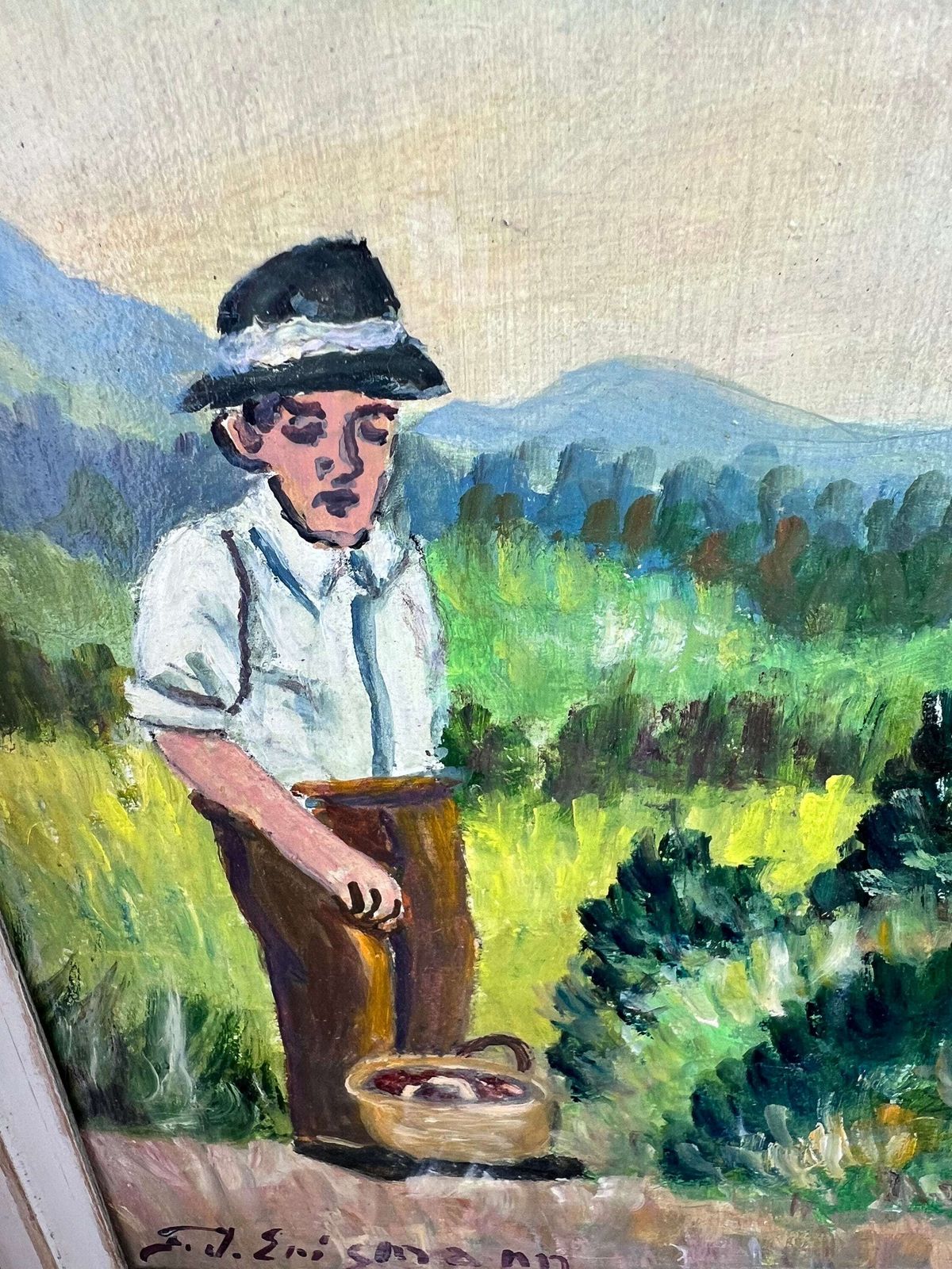 Vintage Swiss Folk Art Oil Painting: Signed Portrait, 1939 photo vinterior
