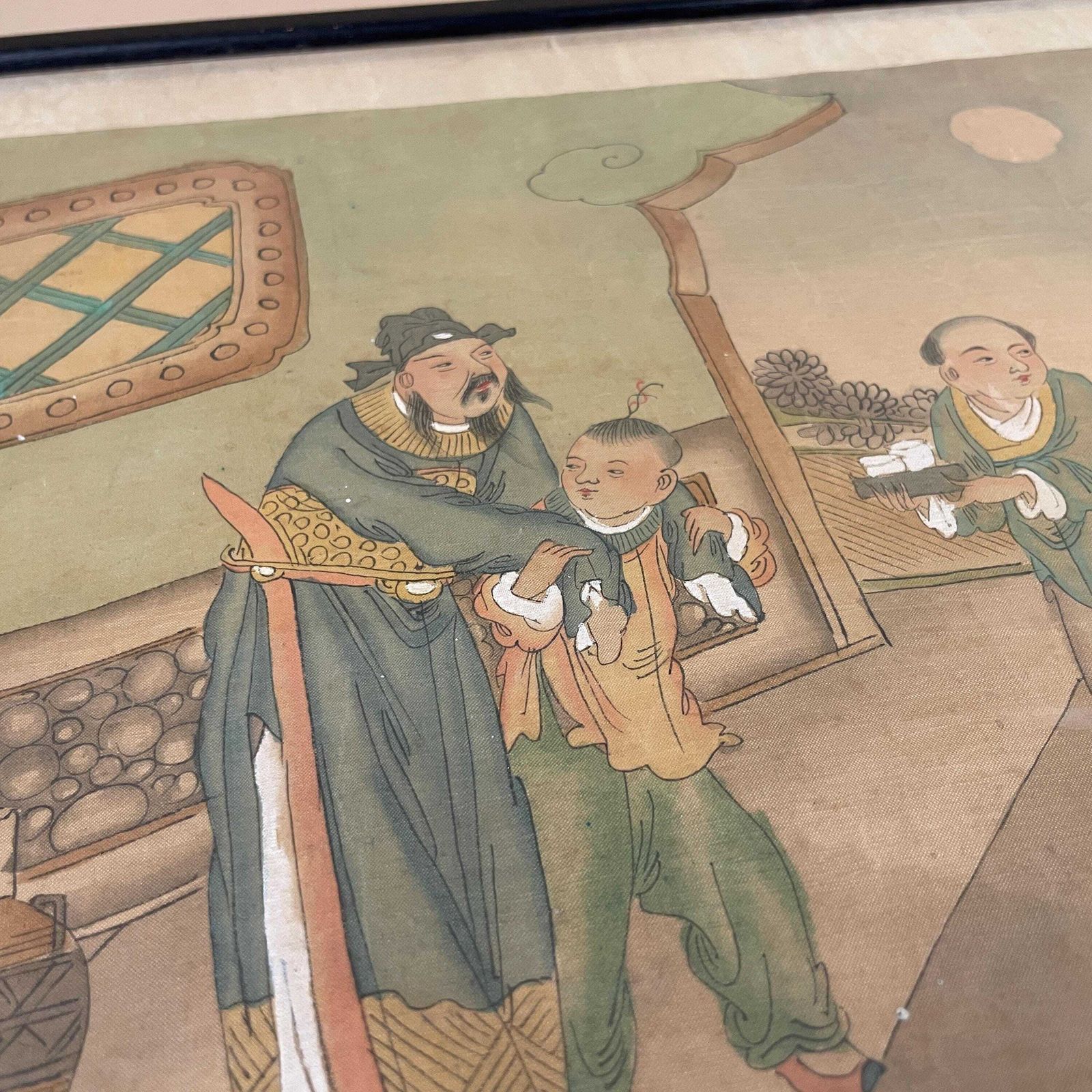 Antique Hand Painted Silk Painting Japanese Artwork Art Wall Hanging Oriental Detailed Black Frame Vintage Picture Framed Old Original photo furniture