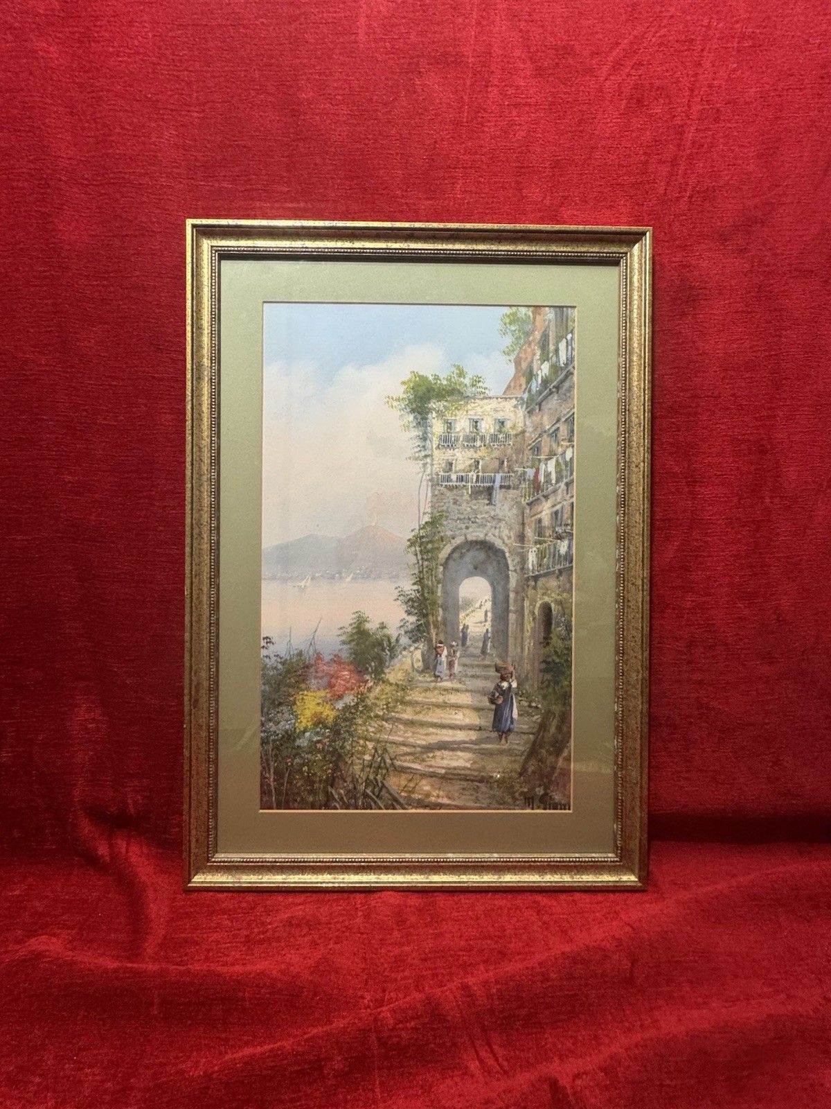 M Gianni Naples Street Scene Mt Vesuvius Italy Gouache Painting Signed Framed photo furniture