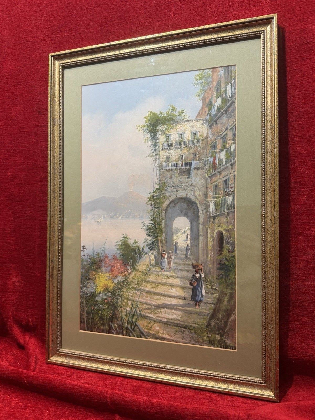 M Gianni Naples Street Scene Mt Vesuvius Italy Gouache Painting Signed Framed photo Art