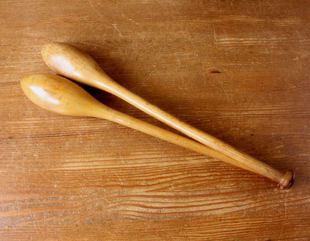 Pair Antique Indian Clubs. Decorative Wood Gym Weights Exercise Meels. photo furniture