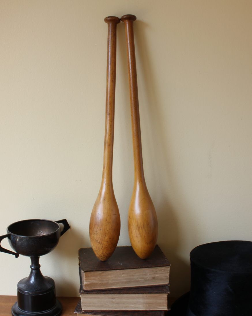 95.0 Pair Antique Indian Clubs. Decorative Wood Gym Weights Exercise Meels. photo