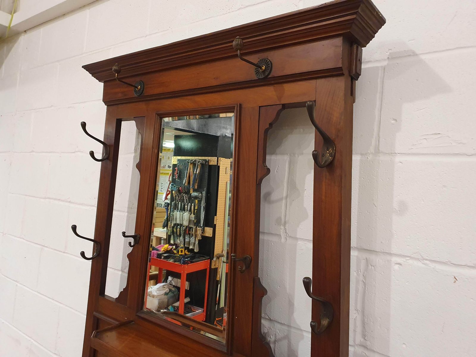 255.0 Edwardian Style Hall Tree With Mirror, Umbrella Holders, And Coat Hangers photo