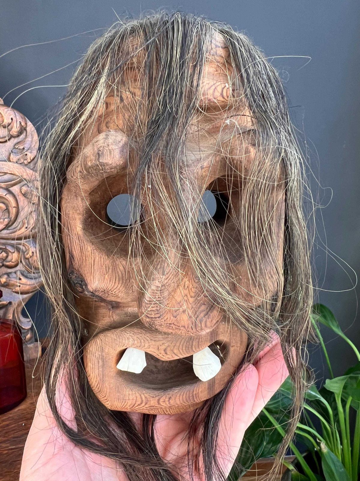 Vintage Swiss Tschäggättä Mask: Lötschental Wall Decor With Real Hair photo for sale