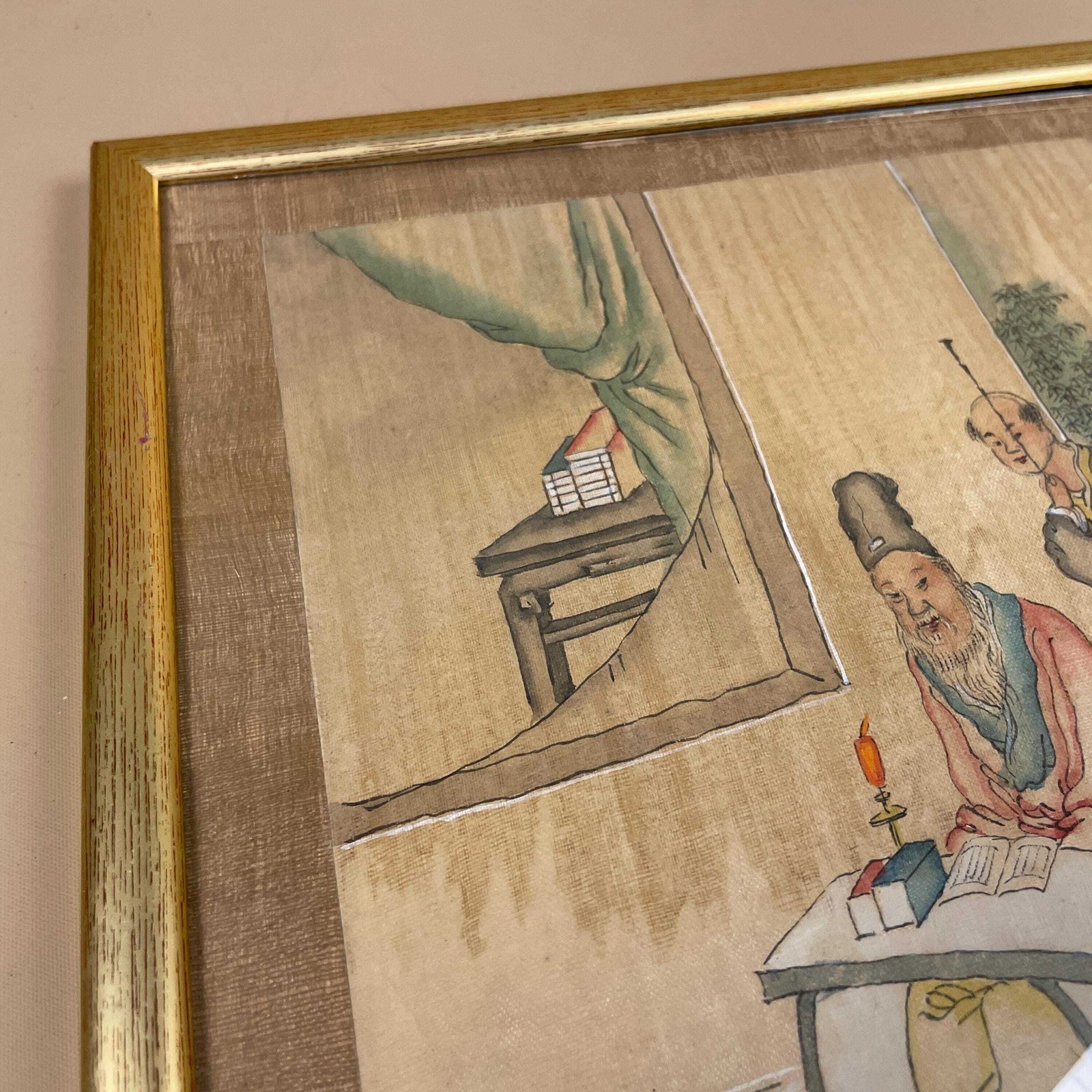 Antique Hand Painted Silk Painting Japanese Artwork Art Wall Hanging Oriental Detailed Gold Wood Frame Vintage Picture Framed Old Original photo 92.0