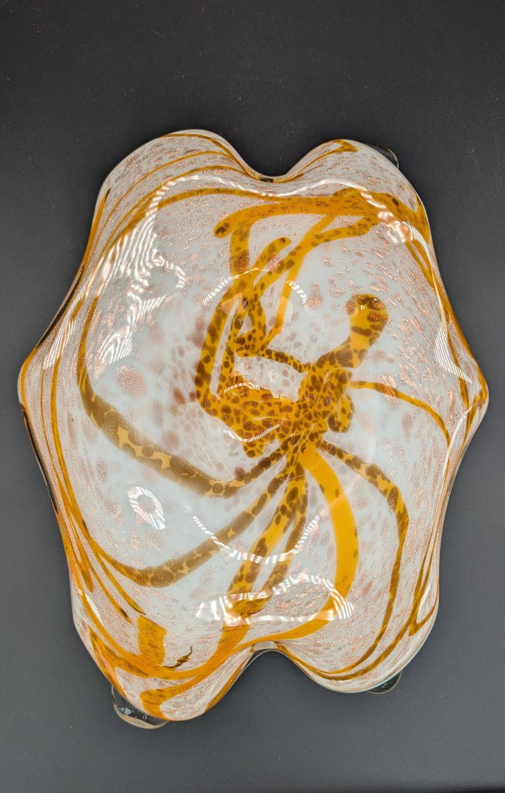 Fratelli Toso Murano Glass Bowl In Yellow Lattimo Aventurina, Mid Century Italian photo 175.0