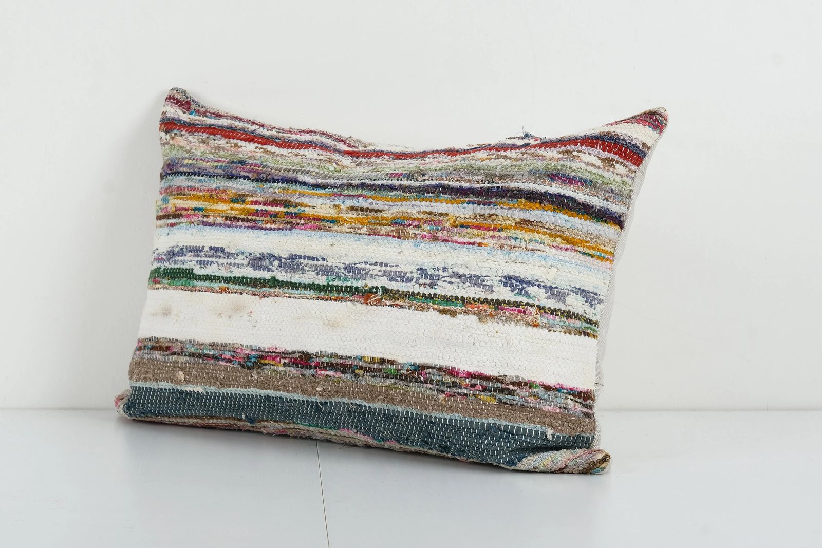 Tribal Cotton Handmade Pillow Covers, Striped Turkish Kilim Lumbar Cover, Colorful Ethnic Minimalist Kilim Rug Cushion Cover photo for sale